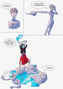 A humorous comic strip featuring a woman and man hilariously stacked on top of each other.