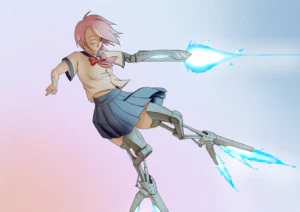 A Rocket Girl in a blue dress is flying with a blue light in her hands.