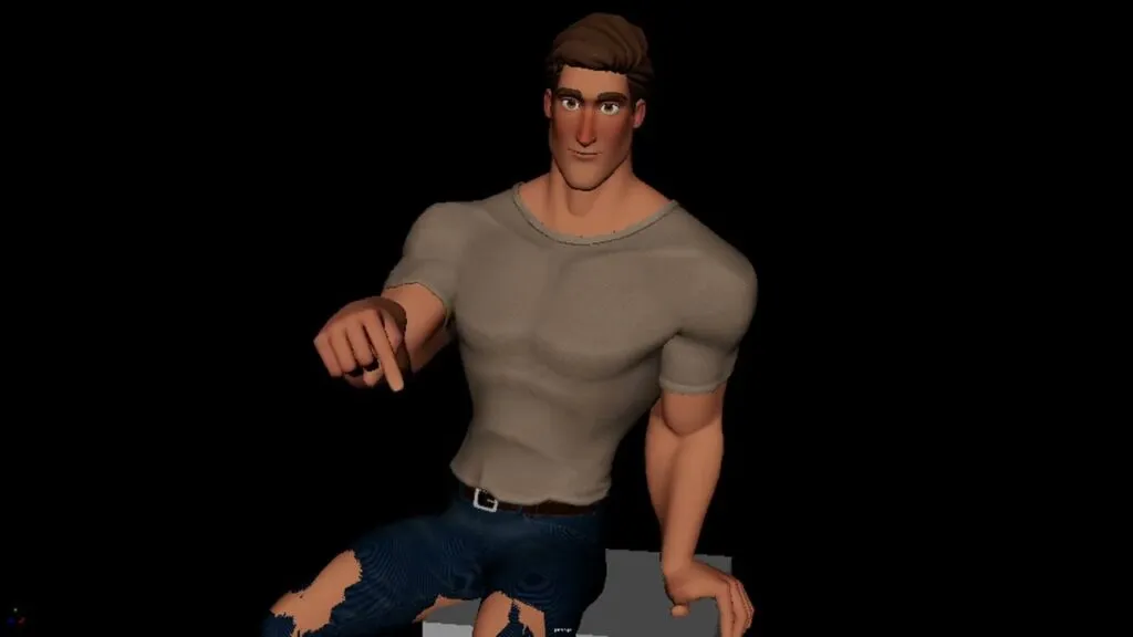 A 3D model of a man sitting on a chair with lip sync animation.