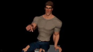 A 3D model of a man sitting on a chair with lip sync animation.