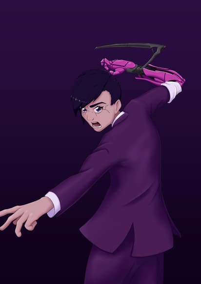 Rat by Alice Boyd. Anime woman in a purple suit with pink bionic arm with dark purple background.