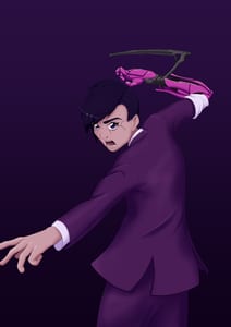 Rat by Alice Boyd. Anime woman in a purple suit with pink bionic arm with dark purple background.