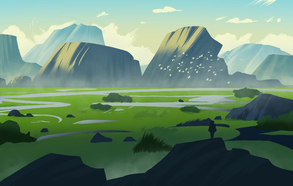 A person studies on a rock in the middle of a field during the Phillip Sue tutorial.