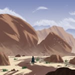 A man is walking through a desert, studying the rocks in the background as part of a Phillip Sue tutorial.