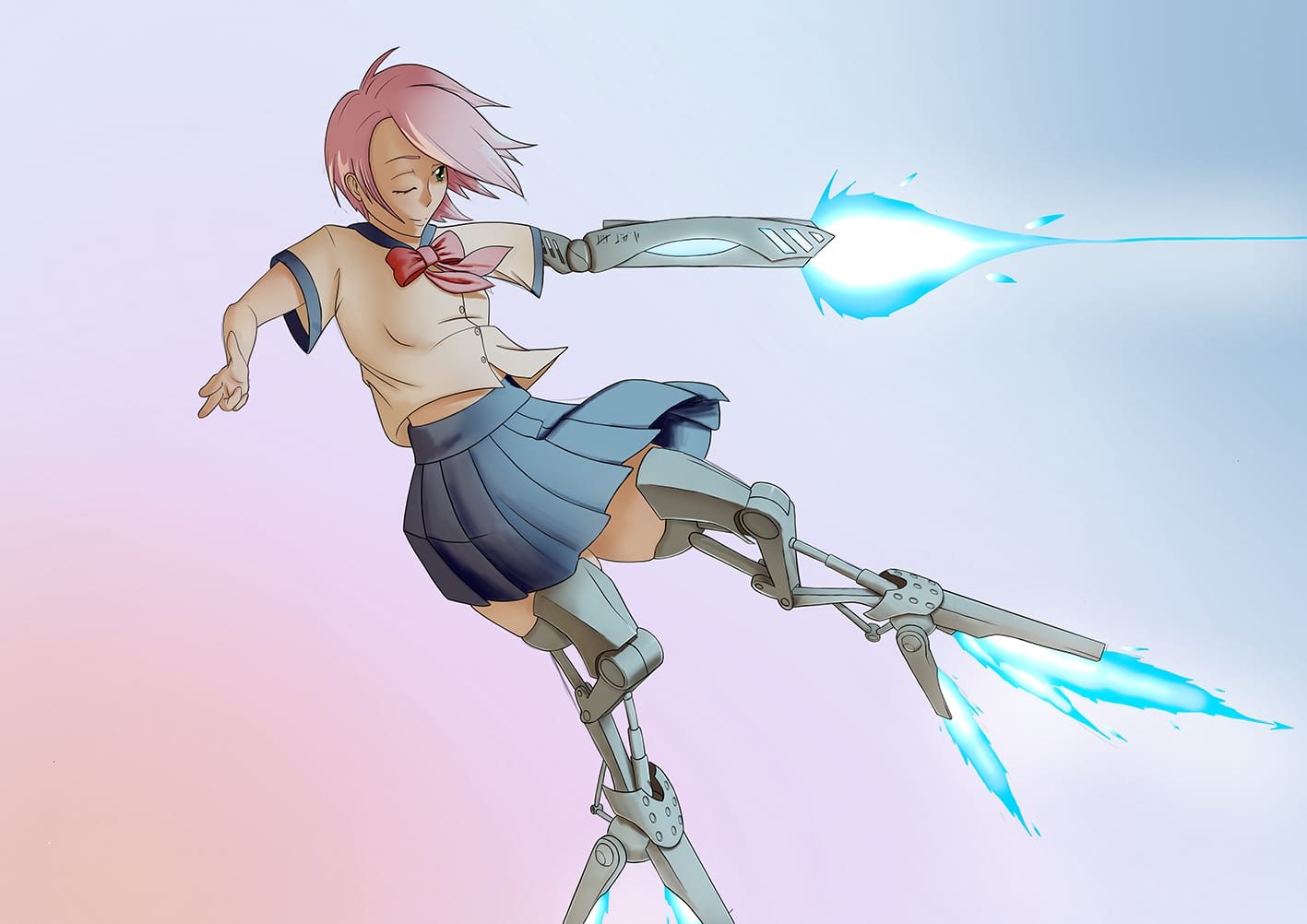 A Rocket Girl in a blue dress is flying with a blue light in her hands.