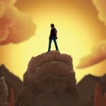 A student's character design of a man standing on top of a mountain.