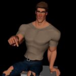 A 3D model of a man sitting on a chair with lip sync animation.